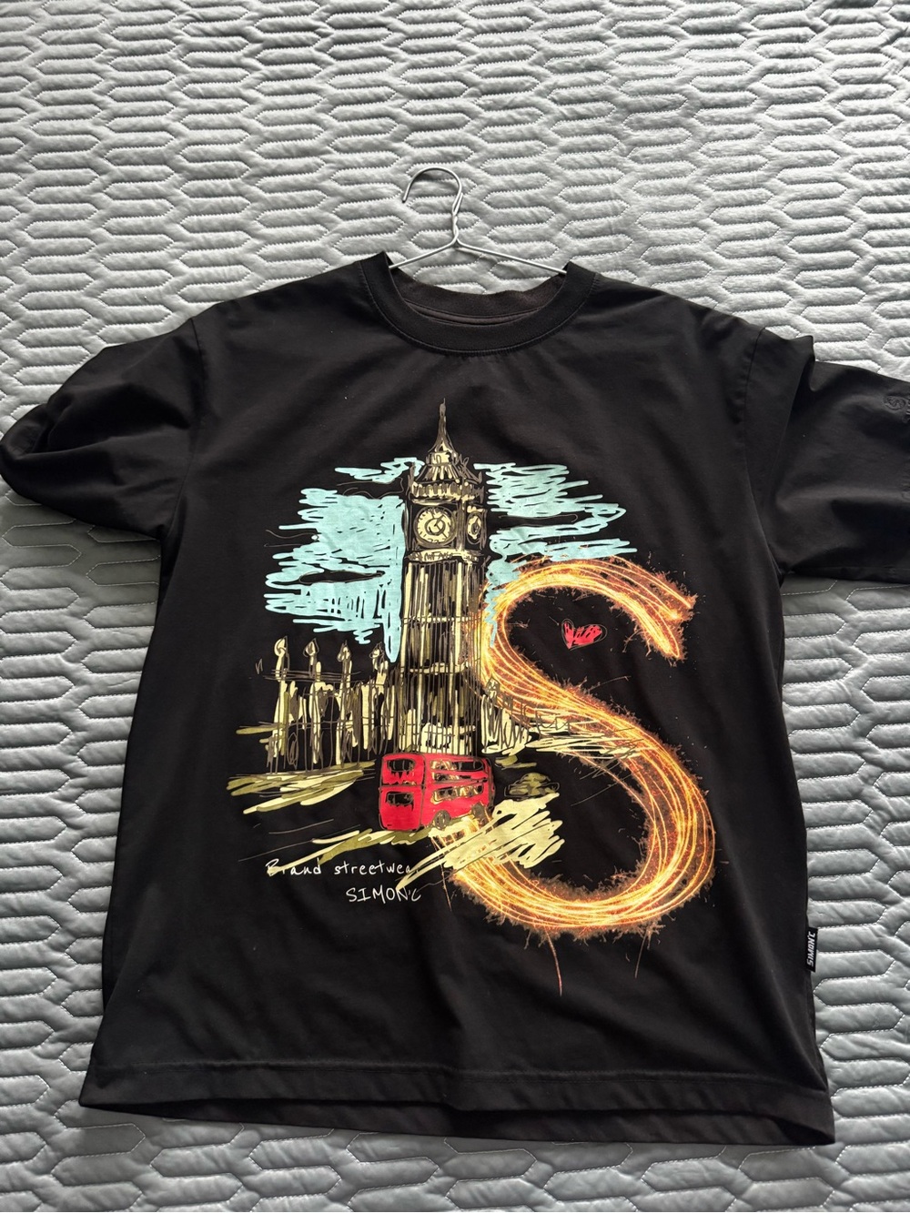 Gildan Black Tee with London Big Ben Illustration and Red Bus Accent